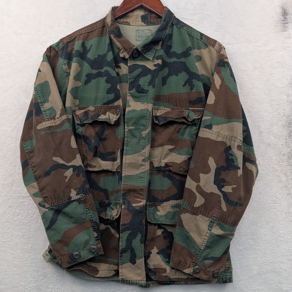 VTG US Military Jacket Mens Medium Green Woodland Camo Ripstop Field Utility 80s
